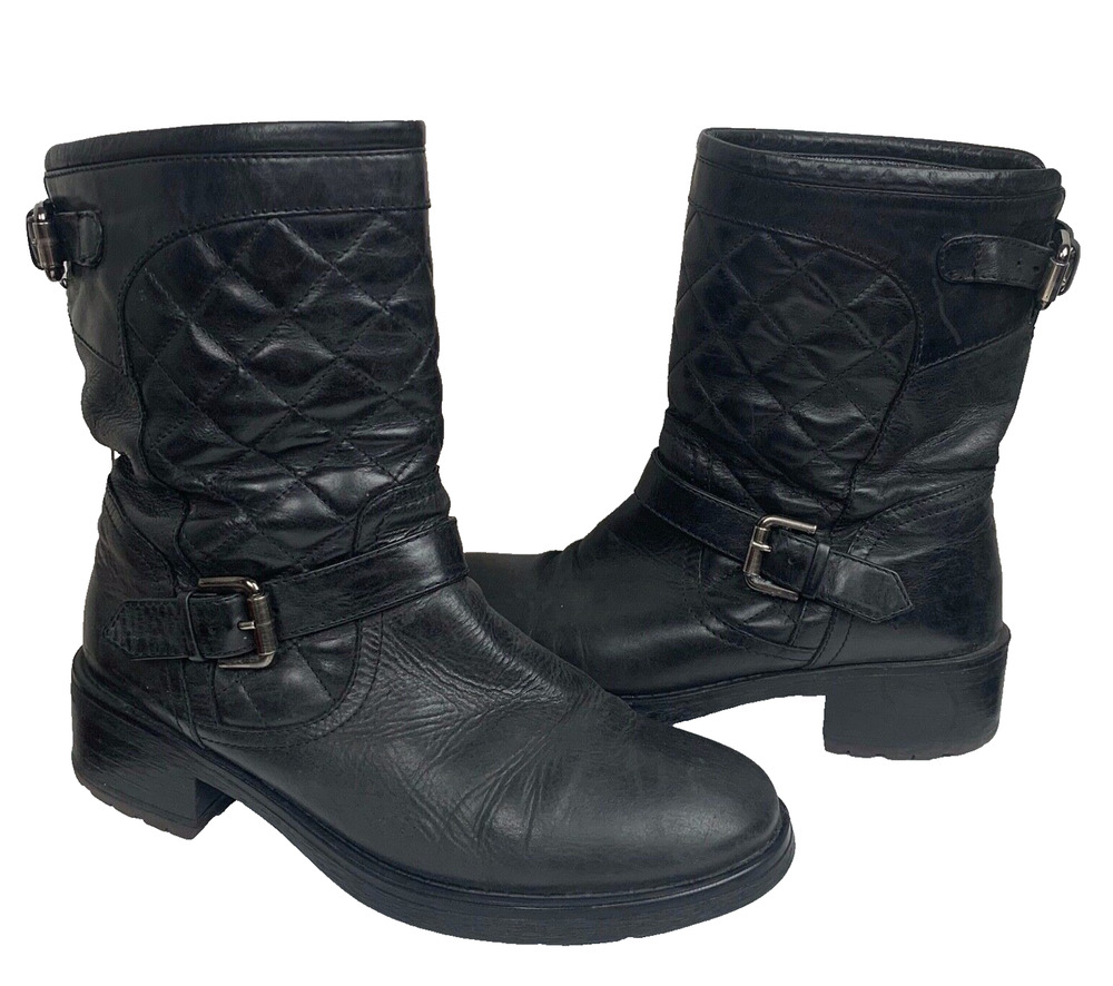 Aquatalia Marvin K Sweetie Black Leather Quilted Moto Ankle Boots 7.5 ITALY